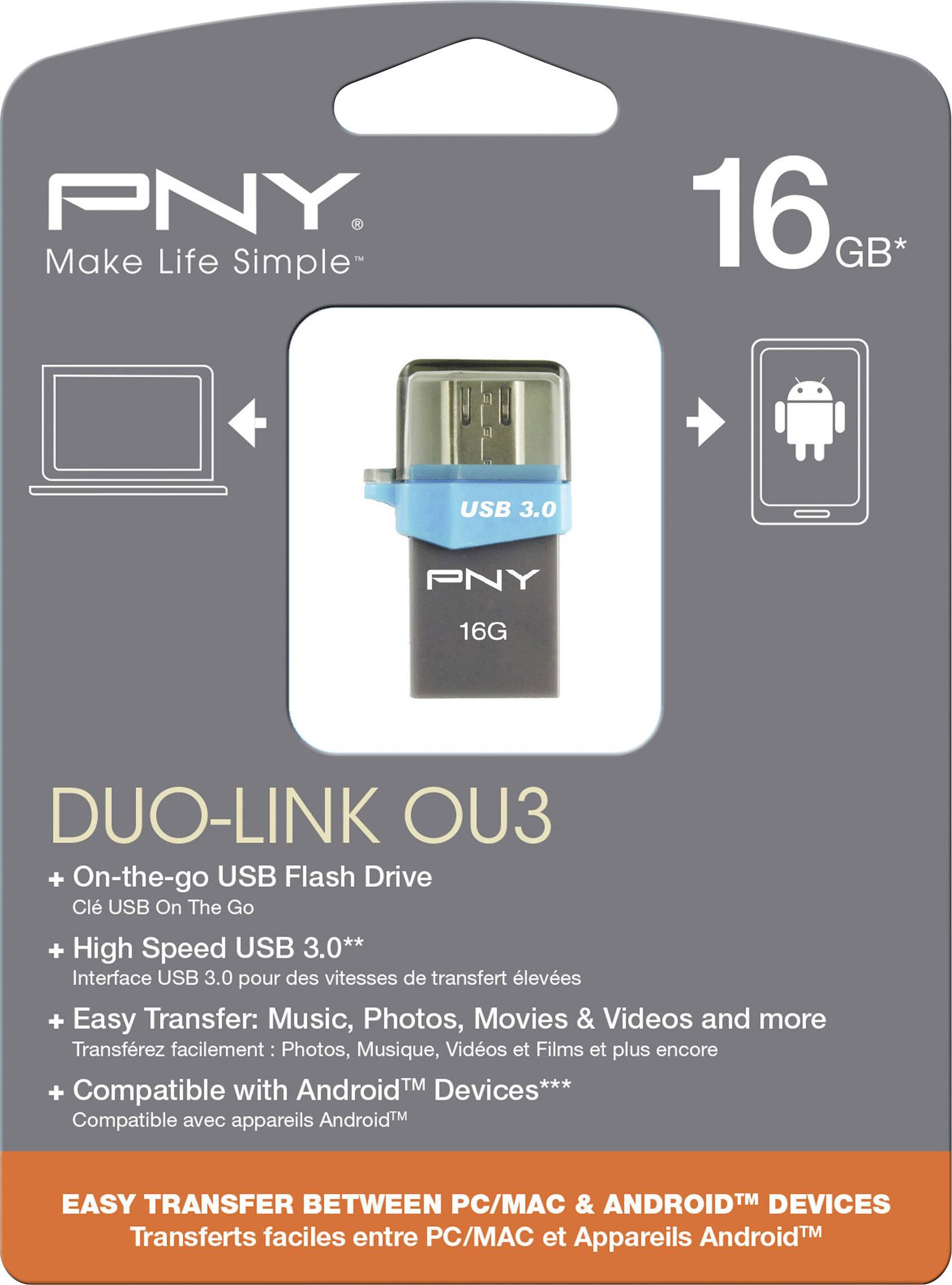 PNY Duo-Link OU3 USB-Kartenleser Smartphone/Tablet 16 GB USB 3.2 Gen 1 (USB 3.0), Micro USB 2.0