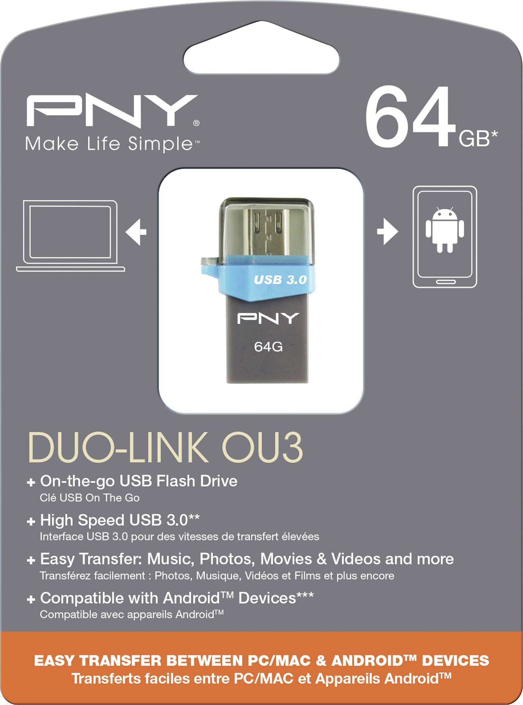 PNY Duo-Link OU3 USB-Kartenleser Smartphone/Tablet 64 GB USB 3.2 Gen 1 (USB 3.0), Micro USB 2.0