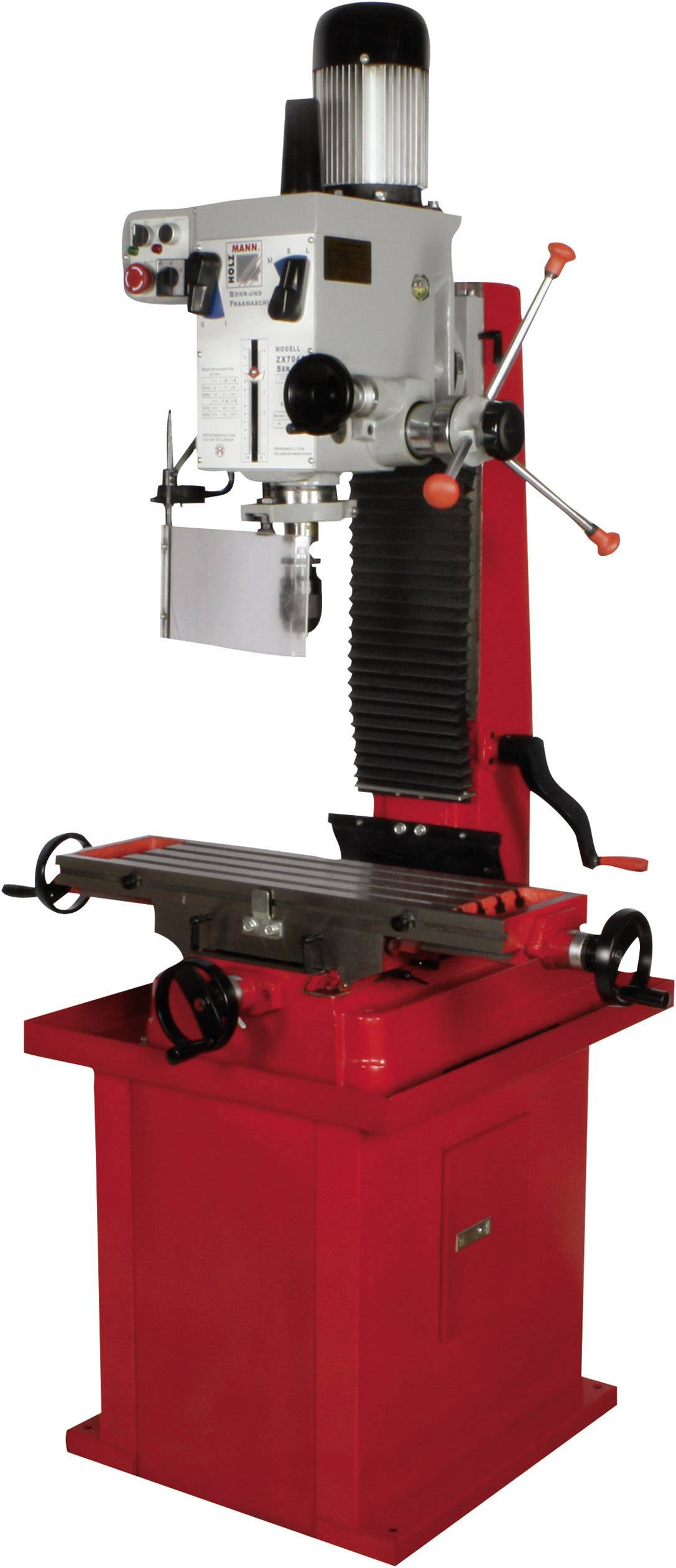 Eine rote Fräsmaschine mit Hebelsteuerung und motorisiertem Kopf, genutzt zur Metallbearbeitung in Werkstätten.