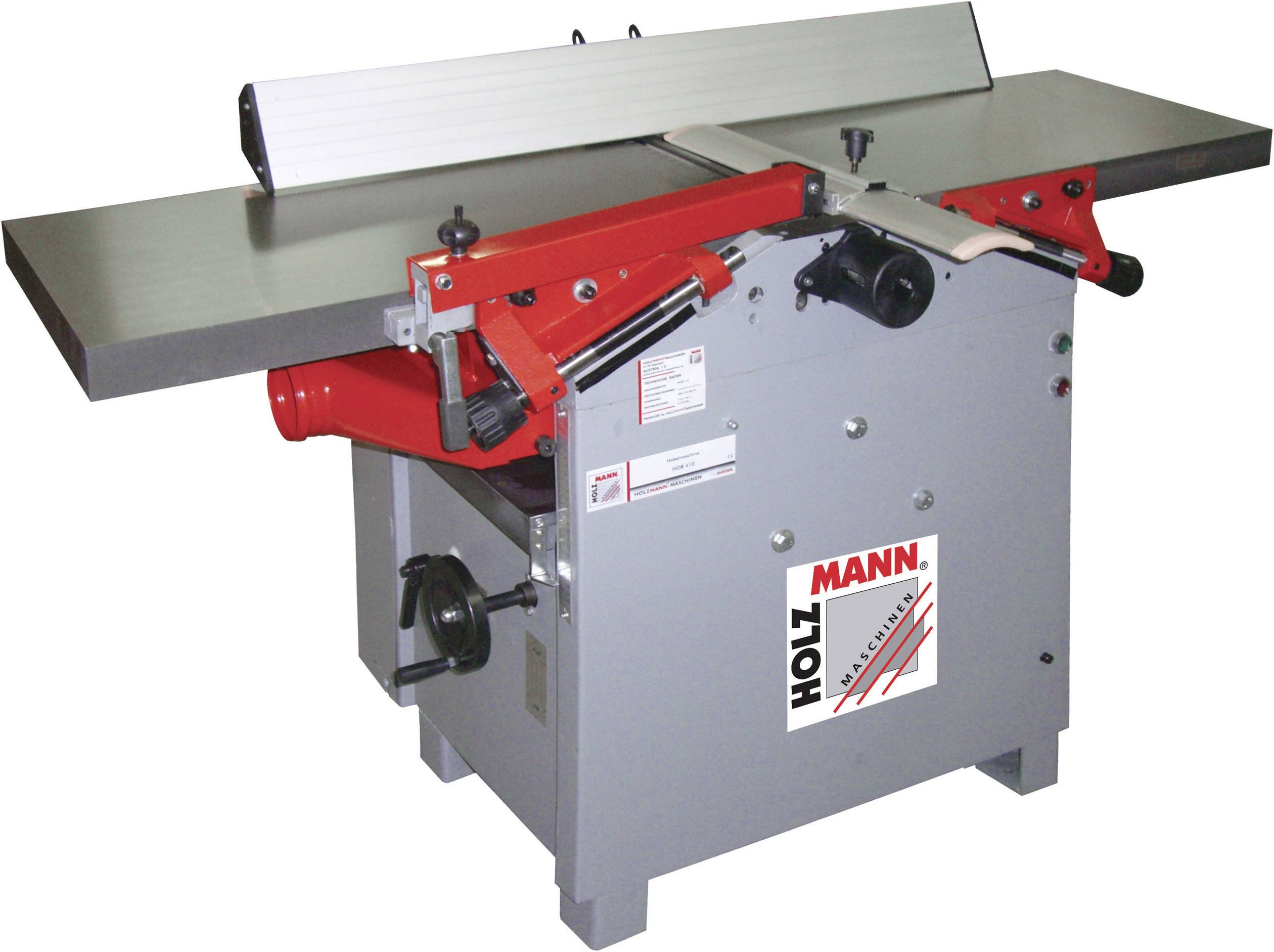 Werkbank-Holzbearbeitungsmaschine mit grauem Gehäuse und roten Elementen, geeignet zum Hobeln und Fräsen von Holzoberflächen.