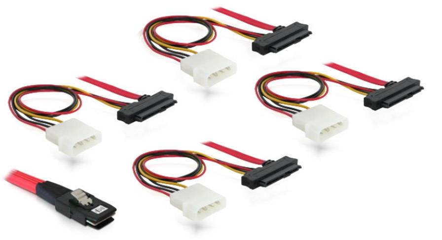 Fünf SATA-Stromadapterkabel mit roten, schwarzen und gelben Drähten, jeweils mit einem 4-poligen Molex-Anschluss und einem SATA-Anschluss.