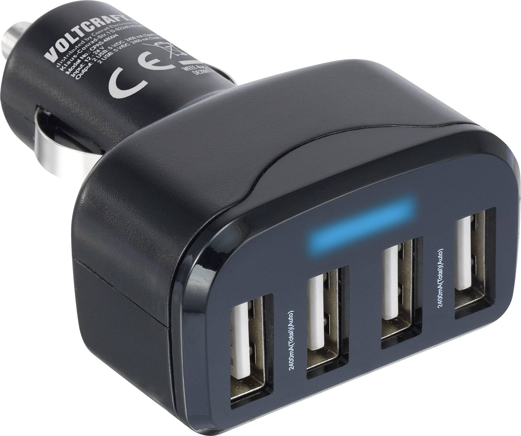 USB-Auto-Adapter mit vier Anschlüssen, geeignet zum Laden mehrerer Geräte gleichzeitig. Schwarzes, kompaktes Design.