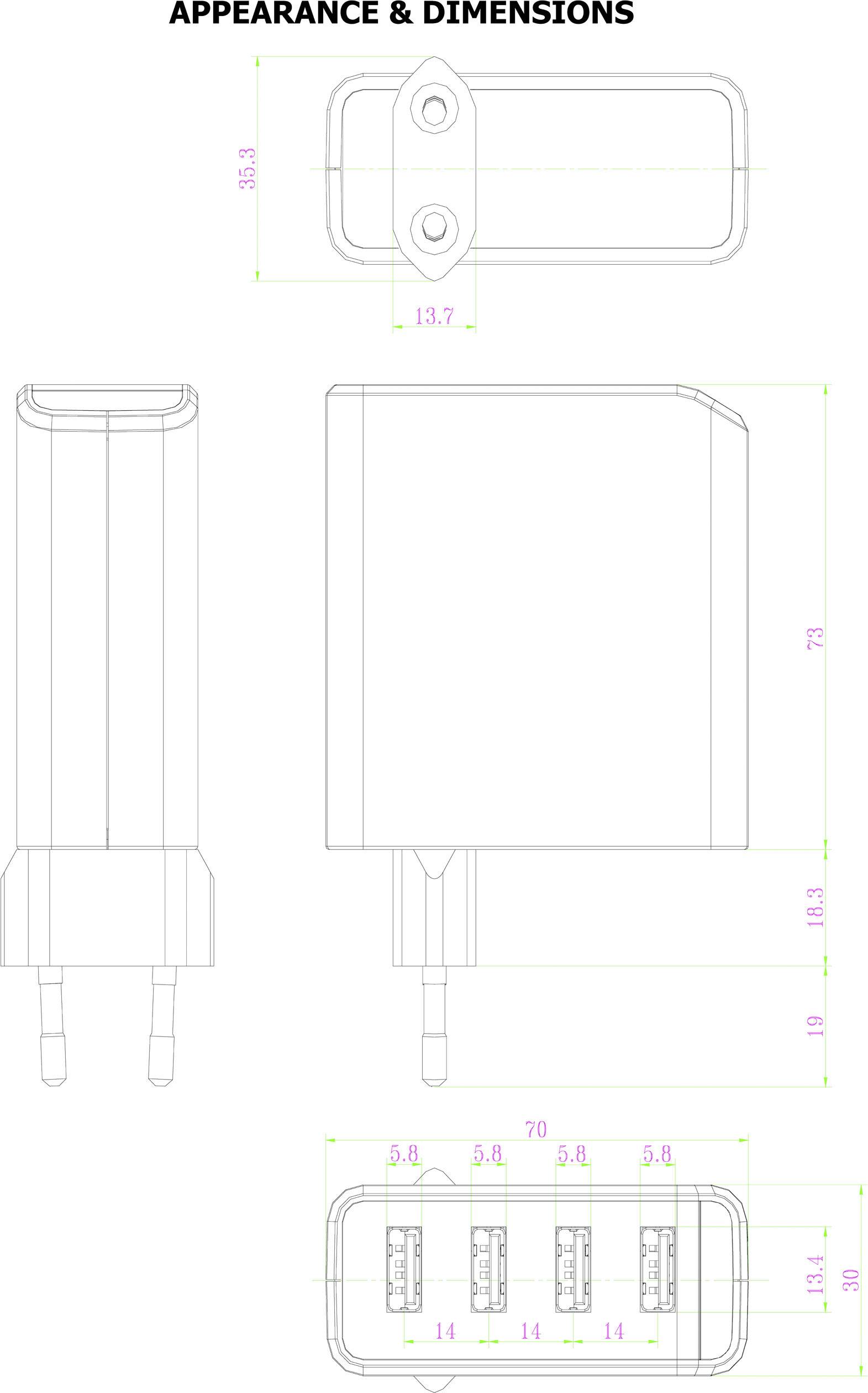 Ladegerät-Skizze mit Maßen: Höhe 71 mm, Breite 70 mm, Tiefe 29 mm. Vier USB-Anschlüsse sind an der Frontseite sichtbar.