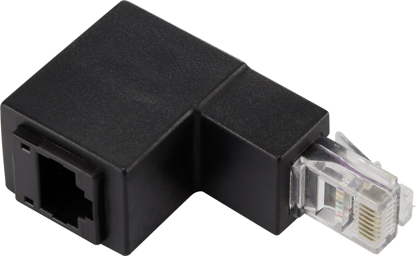 Ein schwarzer Ethernet-Winkeladapter mit einem RJ45-Stecker und einer RJ45-Buchse zur Verbindung von Netzwerkkabeln in engen Räumen.