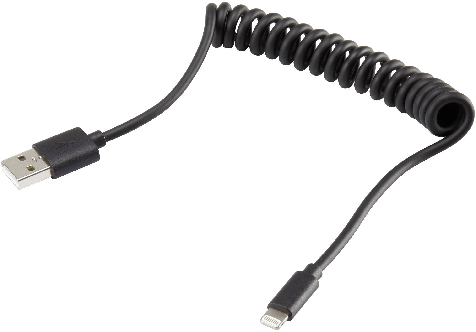 Ein schwarzes, spiralförmiges USB-Kabel mit einem USB-Stecker auf der einen Seite und einem Lightning-Stecker auf der anderen.
