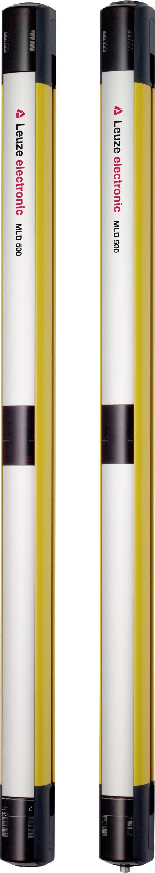 Zwei gelbe Sicherheitslichtvorhänge in vertikaler Ausrichtung mit dem Logo eines Herstellers. Sie schützen Arbeitsbereiche vor Gefahren.