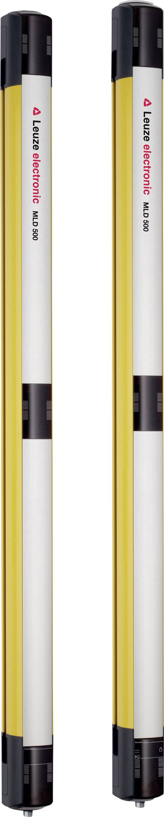 Lichtvorhang mit gelbem Gehäuse und schwarzen Enden, markiert als Leuze electronic; dient der Sicherung und Überwachung von Maschinenbereichen.