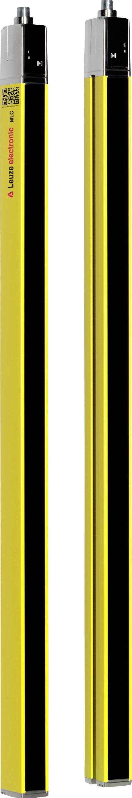 Zwei gelbe Sicherheitslichtschranken mit schwarzem Streifen, nebeneinander stehend, zur Maschinenabsicherung.