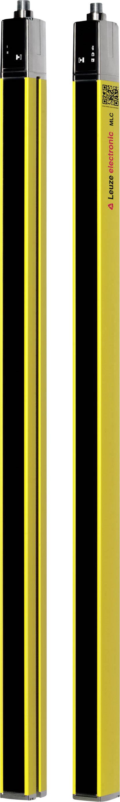 Zwei gelb-schwarze Sicherheitslichtschranken, vertikal angeordnet, zur Zugangskontrolle oder Maschinensicherheit in industriellen Umgebungen.