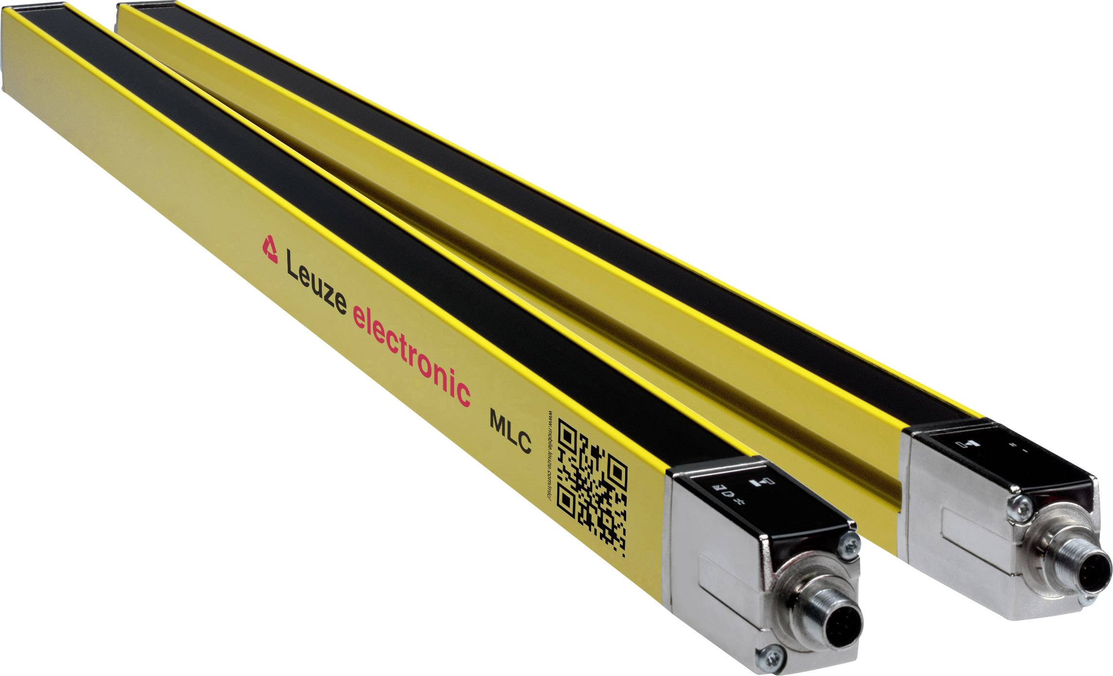 Zwei gelbe Sicherheitslichtgitter von 'Leuze electronic MLC', zeigen Anschlüsse und QR-Code, verwendet zum Schutz in Industrieanlagen.