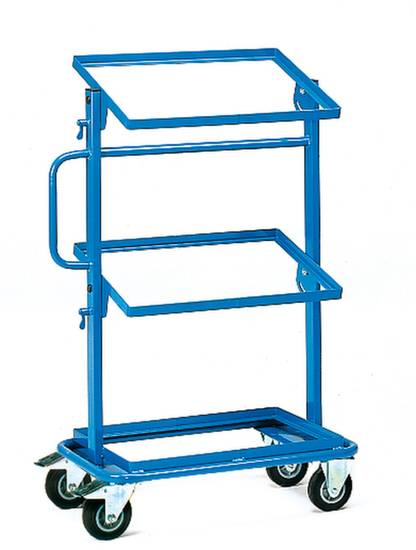 Blauer Metallwagen mit drei Regalebenen, Rollen an der Basis und seitlichem Griff, geeignet für den Transport von Gegenständen.