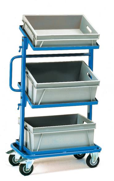Ein blauer Transportwagen mit drei grauen Kisten, gestapelt auf zwei Etagen. Der Wagen hat Rollen für einfache Bewegung.