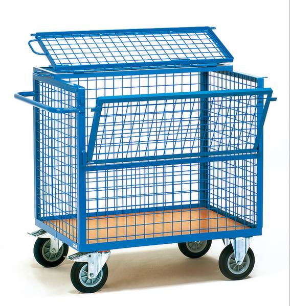 Blauer Gitterwagen mit vier Rollen, offenem Frontgitter und einem Klappdeckel, geeignet zum Transport von Waren oder Materialien.