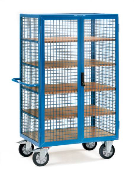 Ein blauer Gitterrollwagen mit vier Etagen und Griff, stehend auf vier schwarzen Rädern. Ideal zum Transportieren oder Lagern.