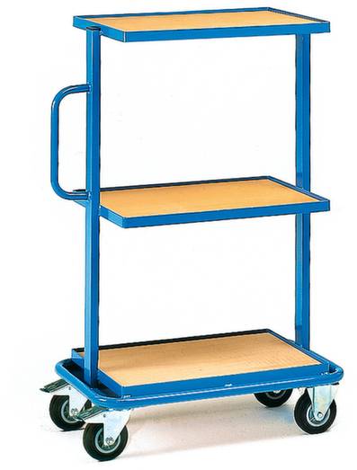 Ein blauer Rollwagen mit drei hölzernen Regalböden und einem Griff an der Seite.