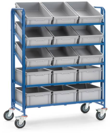 Rollwagen mit blauen Rahmen und grauen Aufbewahrungsboxen auf fünf Regalen; Boxen sind kippbar; Wagen hat vier Rollen.