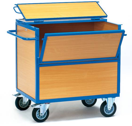 Offener Transportwagen mit blauem Metallrahmen und Holzpanelen. Vier Räder, oben und seitlich klappbare Türen. Verwendung für Lagerung oder Transport.