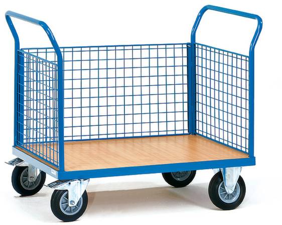 Ein blauer Transportwagen mit Metallgitterseiten und vier Rädern, geeignet zum Bewegen von Lasten in Lagern oder Werkstätten.