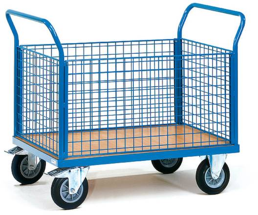 Ein blauer Transportwagen mit Gitterwänden und vier Rädern. Er hat einen Holzboden und zwei Griffe an den Enden.