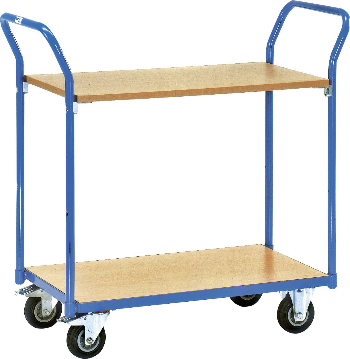 Zwei Plattformwagen mit blauen Metallrahmen und Holzregalen, jeweils mit vier Rädern und zwei Griffen. Ideal zum Transportieren.