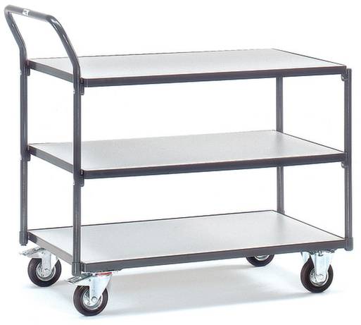 Ein dreistöckiger Rollwagen aus Metall mit Griffen an einer Seite, auf vier Rollen. Ideal zum Transport von Gütern in einer Lagerumgebung.