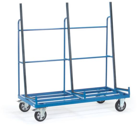 Blauer Rollwagen mit Metallrahmen und vier Rädern, geeignet zum Transport von großen, flachen Gegenständen wie Glas- oder Holzplatten.