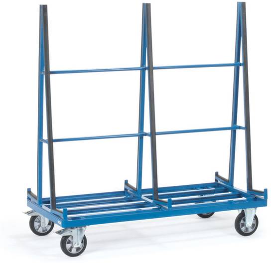 Blauer rollbarer Regalwagen mit vier Rädern, geeignet zum Transport von Platten oder großformatigen Materialien.