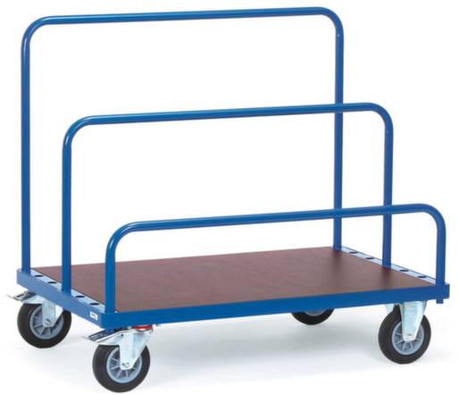 Ein blauer Transportwagen mit drei Seitenbügeln und vier Rädern. Geeignet für den Transport von großen flachen Gegenständen.
