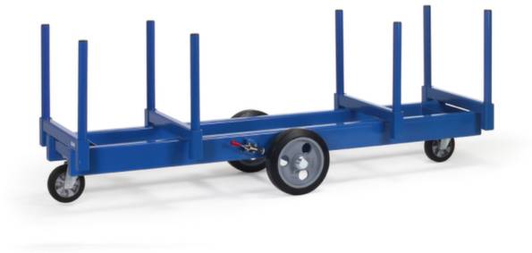 Blauer Stapelwagen mit vier Rädern und sechs vertikalen Streben, geeignet zum Transport von langen, sperrigen Gegenständen.
