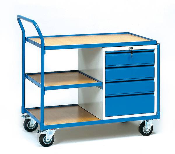 Ein blauer Werkzeugwagen mit vier Rollen zeigt drei offene Regalfächer und drei Schubladen auf der rechten Seite.
