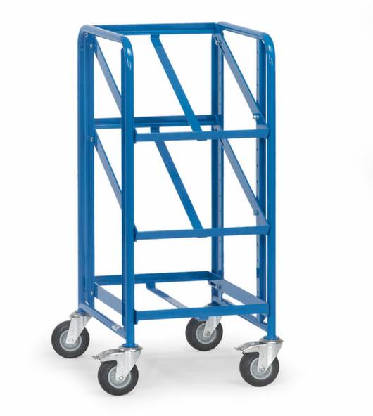 Ein blauer Stahlwagen mit vier Rädern, geeignet zum Transport kleinerer Gegenstände in Lagern oder Werkstätten.