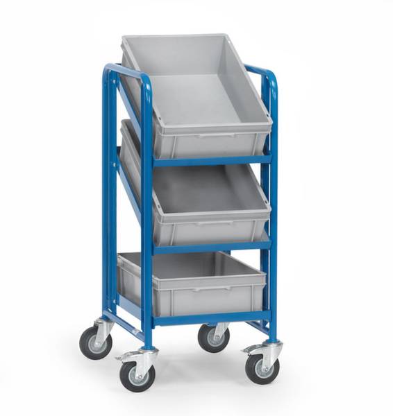 Ein blauer Etagenwagen mit vier Rollen und drei grauen Kunststoffkisten. Der Wagen ist für den Transport und die Lagerung von Waren geeignet.