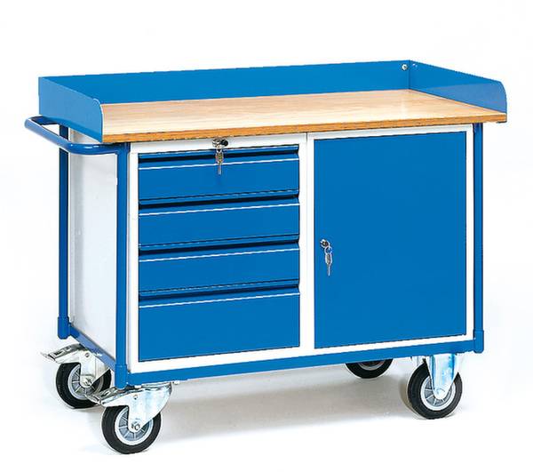 Ein blauer Werkstattwagen mit vier Rollen, drei Schubladen und einem verschließbaren Fach auf der rechten Seite.