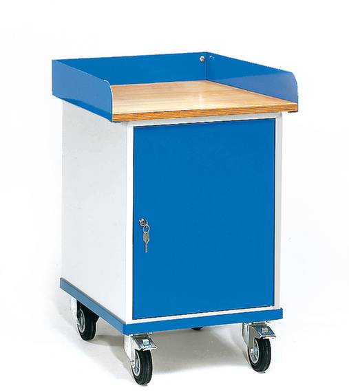 Blauer Rollwagen mit einem abschließbaren Staufach und vier Rollen, geeignet für den Transport von Material oder Werkzeugen.