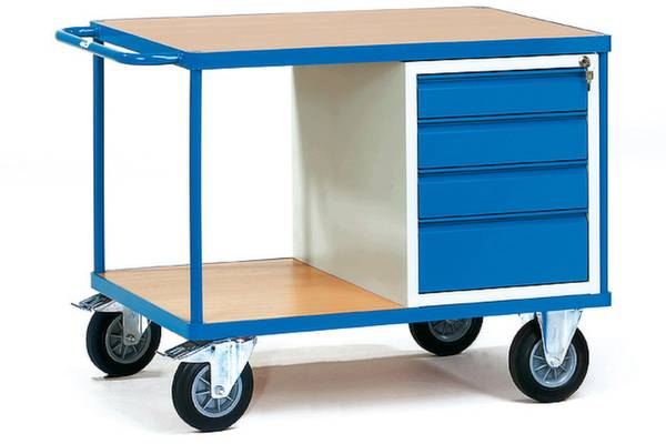 Rollwagen mit vier blauen Schubladen, Holzablage oben und unten, Metallrahmen, vier Räder, Griff zum Schieben.