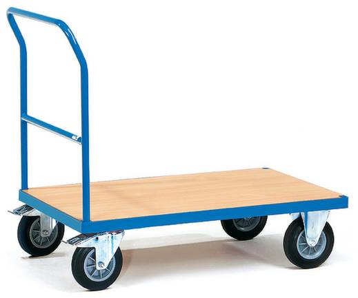 Ein blauer Plattformwagen mit vier Rädern und einer flachen Holzfläche, geeignet für den Transport von schweren Gegenständen.