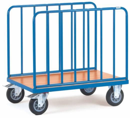 Ein blauer Transportwagen mit Holzplatte und vier Rädern, geeignet zum Bewegen von Kisten oder Paketen in Lagerräumen.