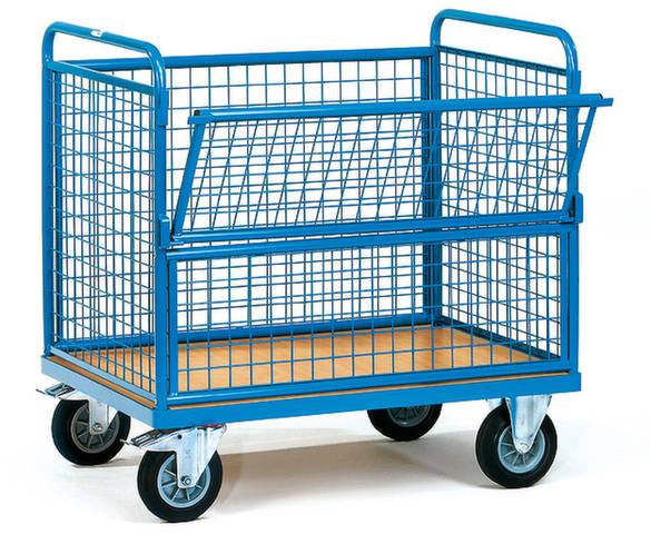 Ein blauer Metallgitterwagen mit vier Rädern und einer klappbaren Seitenwand, geeignet für den Transport schwerer Lasten.