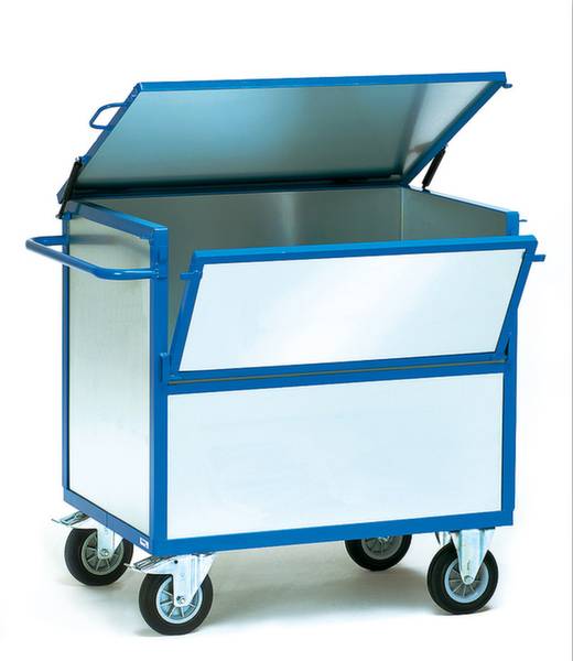 Ein blauer Transportwagen mit Deckel, geöffnet. Vier Räder, Griff an der Seite. Geeignet zum Transport von Materialien oder Werkzeugen.