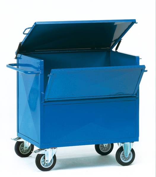 Ein blauer, mobiler Metallcontainer mit offenen Deckeln, auf vier Rädern. Ideal für die Lagerung oder den Transport von Materialien.