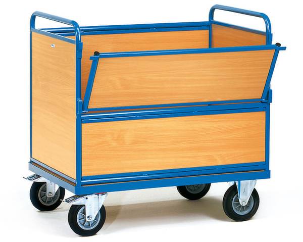 Transportwagen mit blauen Metallrahmen und Holzpaneelen, auf vier Rädern; obere Seitenpaneele geöffnet.