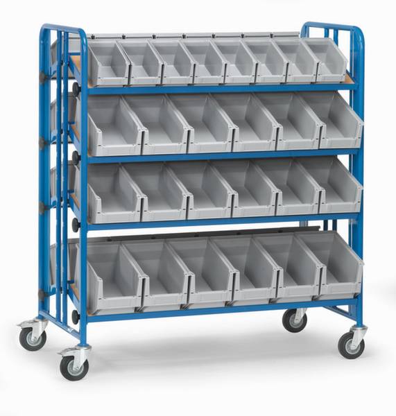 Rollwagen mit vier Regalen, ausgestattet mit trapezförmigen grauen Behältern zur Lagerung und Organisation von Kleinteilen.