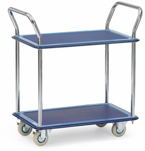 Metallischer Etagenwagen mit zwei blauen Ablageflächen und vier Rollen, geeignet für den Transport von Gegenständen in einer Lagerumgebung.
