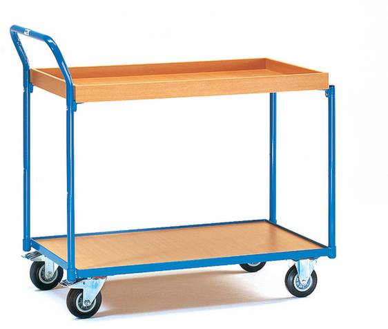 Ein blauer Metallwagen mit zwei Ebenen und vier Rollen, ideal zum Transportieren von Gegenständen in einem Lager oder Büro.