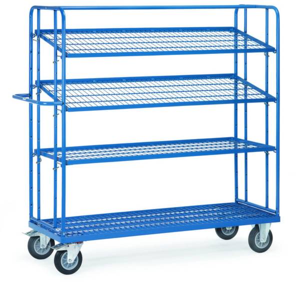 Blauer Metallwagen mit vier gitterartigen Regalen und fünf Rädern, geeignet zum Transport von Gegenständen oder Lagerbeständen.