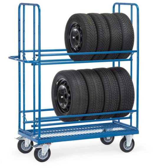 Blauer Reifenständer auf Rollen, mit zwei Reifenebenen, die gesamt acht schwarze Autoreifen lagern. Geeignet für Lagerung und Transport.
