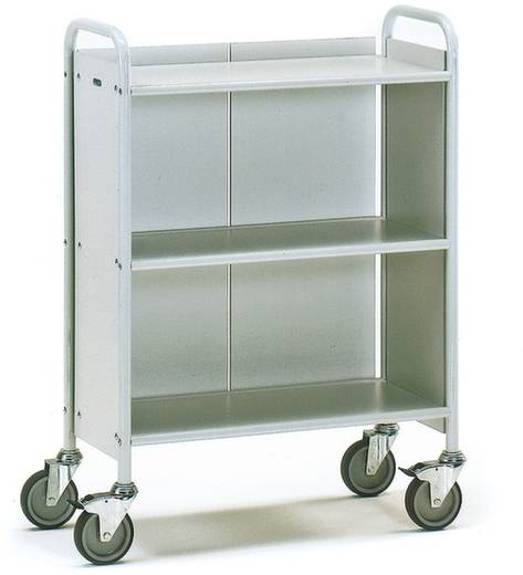 Ein weißer, dreistöckiger Metallwagen mit vier Rollen, geeignet für den Transport von Gegenständen in Büros oder Lagerräumen.