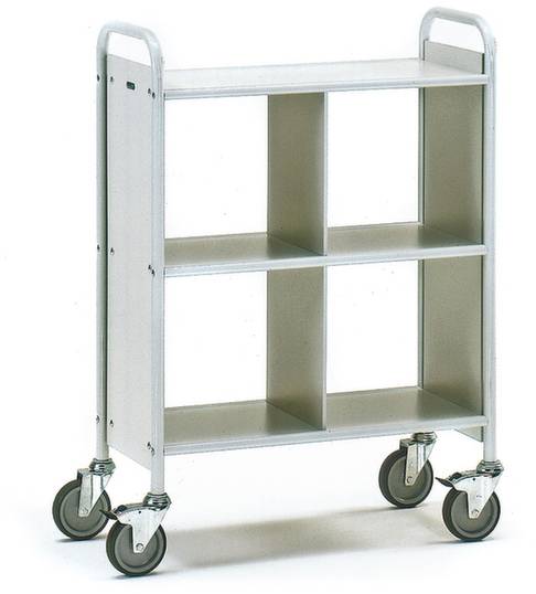 Metallwagen mit vier offenen Regalfächern und Rollen, geeignet für Lagerung oder Transport von Gegenständen in Lagerräumen oder Bibliotheken.