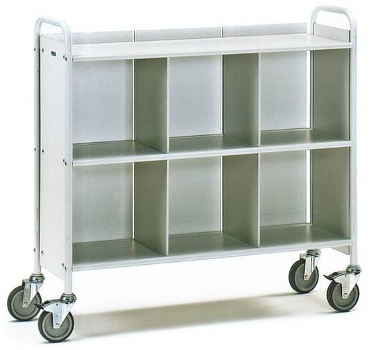 Ein silberner Rollwagen mit zwei offenen Regalböden und sechs Fächern, auf vier drehbaren Rollen. Ideal für Lagerung und Transport.