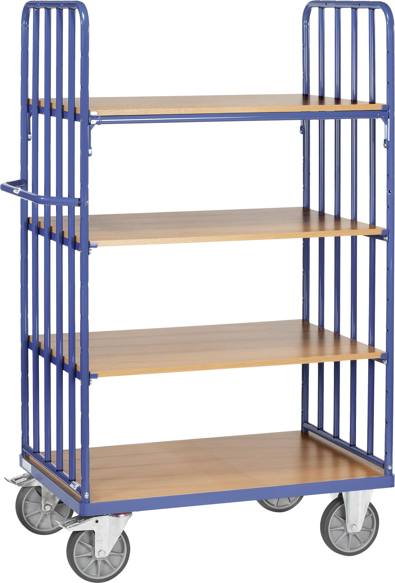 Ein blauer Regalwagen mit vier Holzablagen und Rollen. Geeignet zum Transport von Gegenständen in Lager- oder Büroumgebungen.